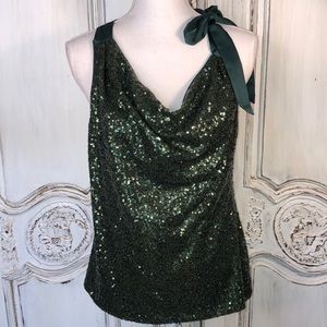 Jennifer Lopez Forest Green Sequin with Satin Tie Drape Neck Sleeveless Top